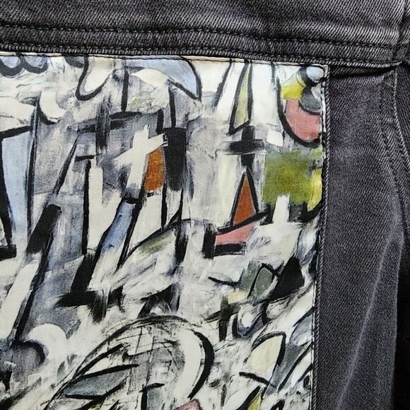 APNY Denim Jacket Women S Black Cotton Blend Graffiti Frayed Button Distressed - Picture 10 of 15